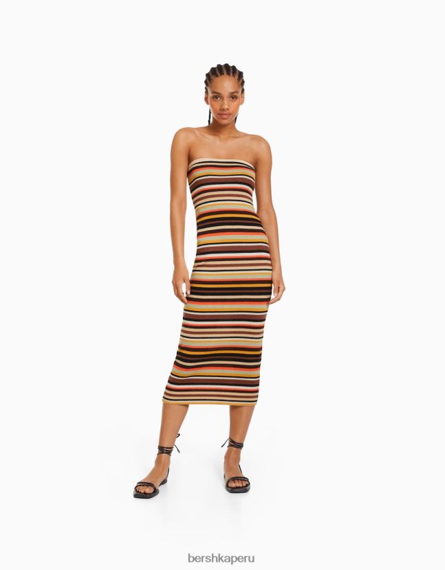 marrón Bershka mujer vestido midi palabra de honor a rayas 806J6B183