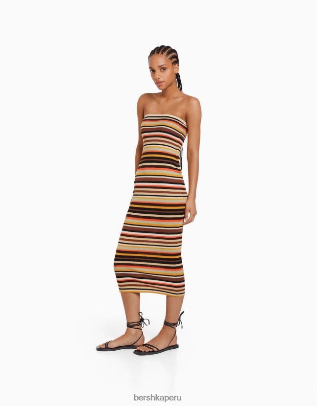 marrón Bershka mujer vestido midi palabra de honor a rayas 806J6B183
