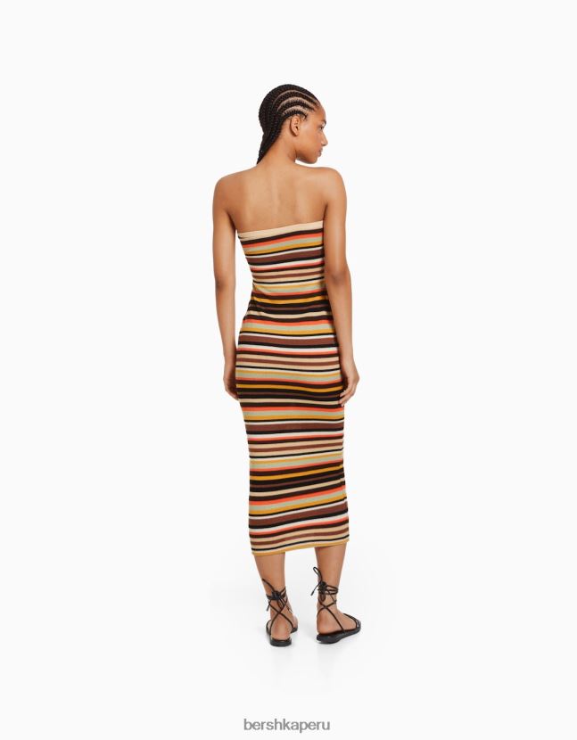marrón Bershka mujer vestido midi palabra de honor a rayas 806J6B183