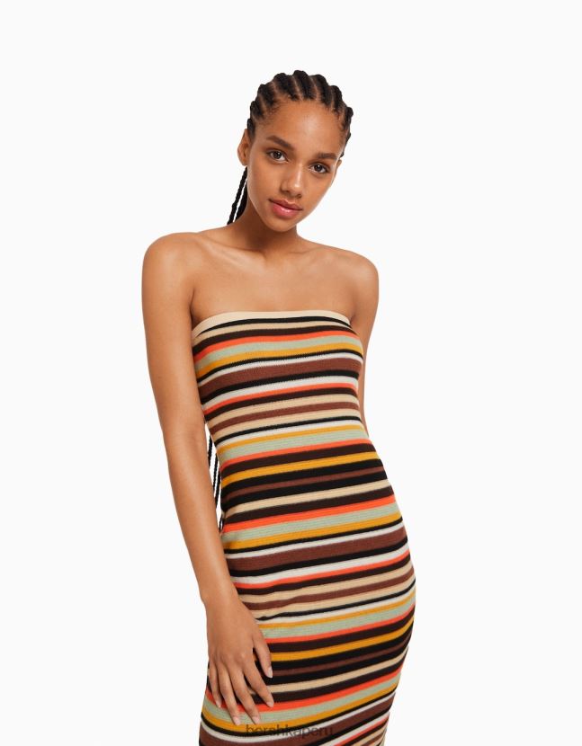 marrón Bershka mujer vestido midi palabra de honor a rayas 806J6B183