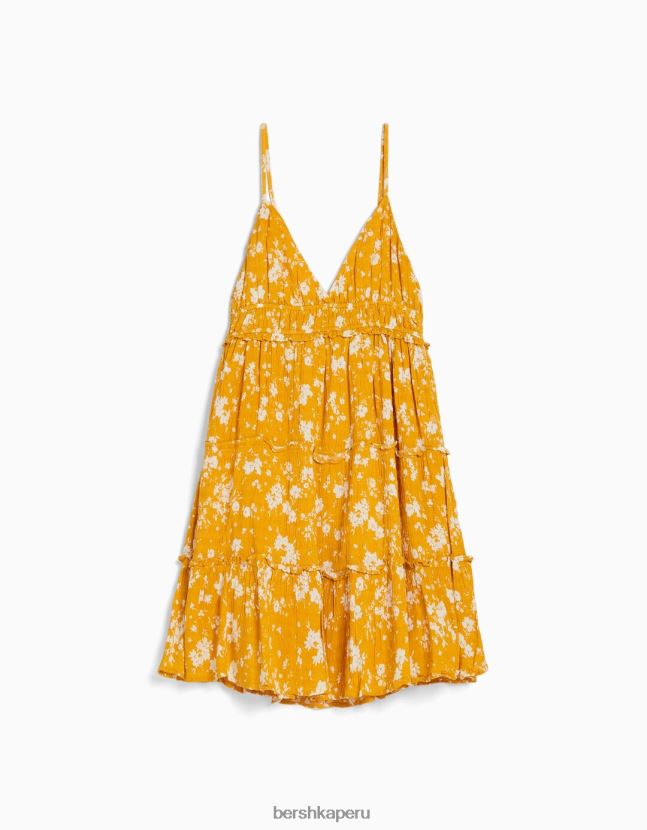 mostaza Bershka mujer mini vestido con tirantes con volantes 806J6B160