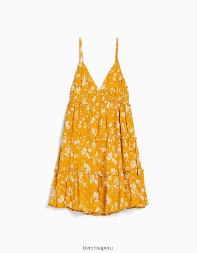 mostaza Bershka mujer mini vestido con tirantes con volantes 806J6B4090