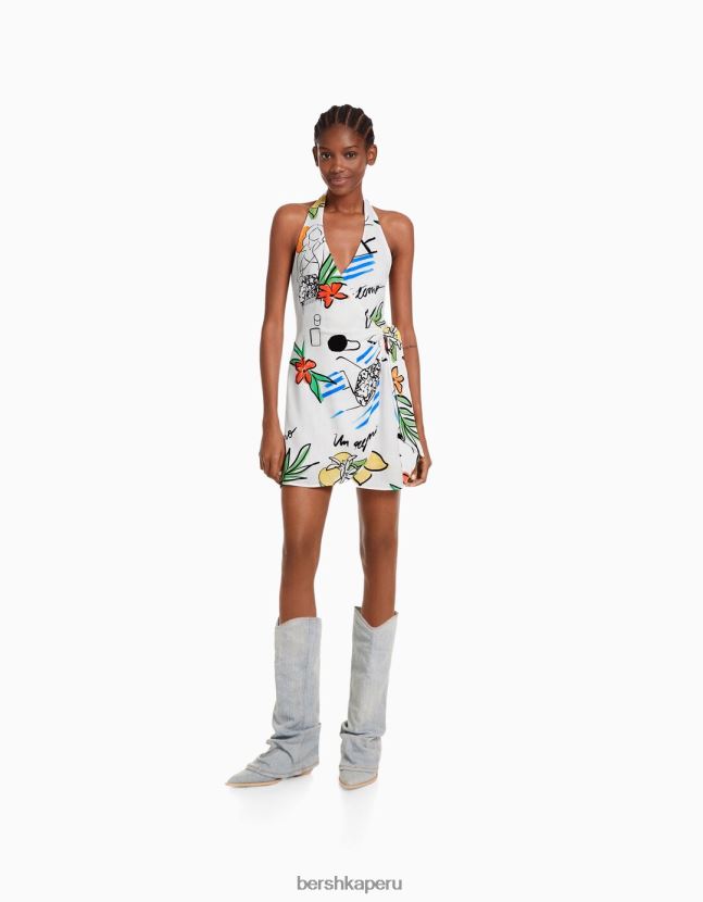 multicolor Bershka mujer mini vestido estampado con cuello halter y lazo 806J6B161