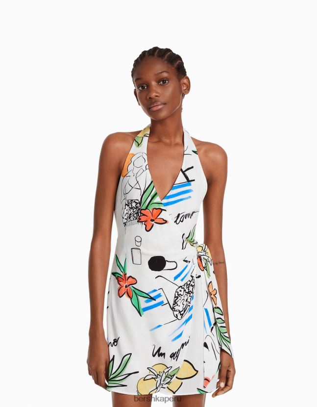 multicolor Bershka mujer mini vestido estampado con cuello halter y lazo 806J6B161