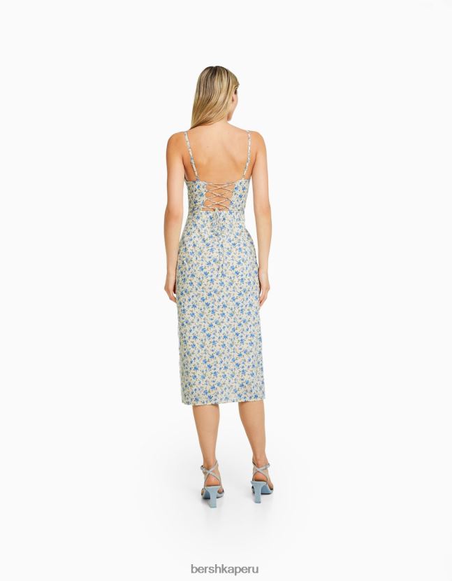 multicolor Bershka mujer vestido midi con estampado floral, tirantes y lazada en la espalda 806J6B179