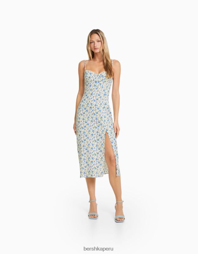 multicolor Bershka mujer vestido midi con estampado floral, tirantes y lazada en la espalda 806J6B1927