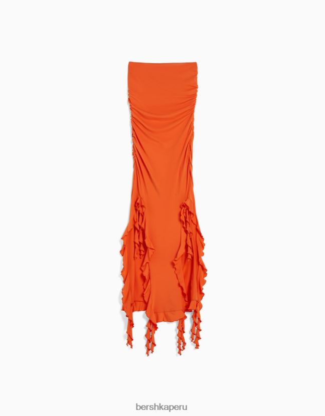 naranja Bershka mujer vestido largo con hombros descubiertos y volantes 806J6B1838