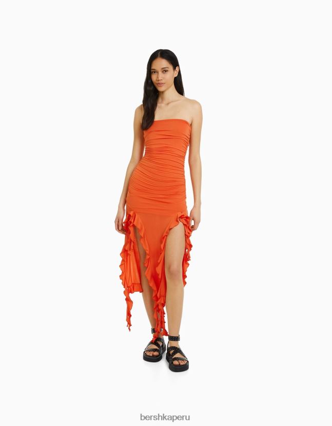 naranja Bershka mujer vestido largo con hombros descubiertos y volantes 806J6B31
