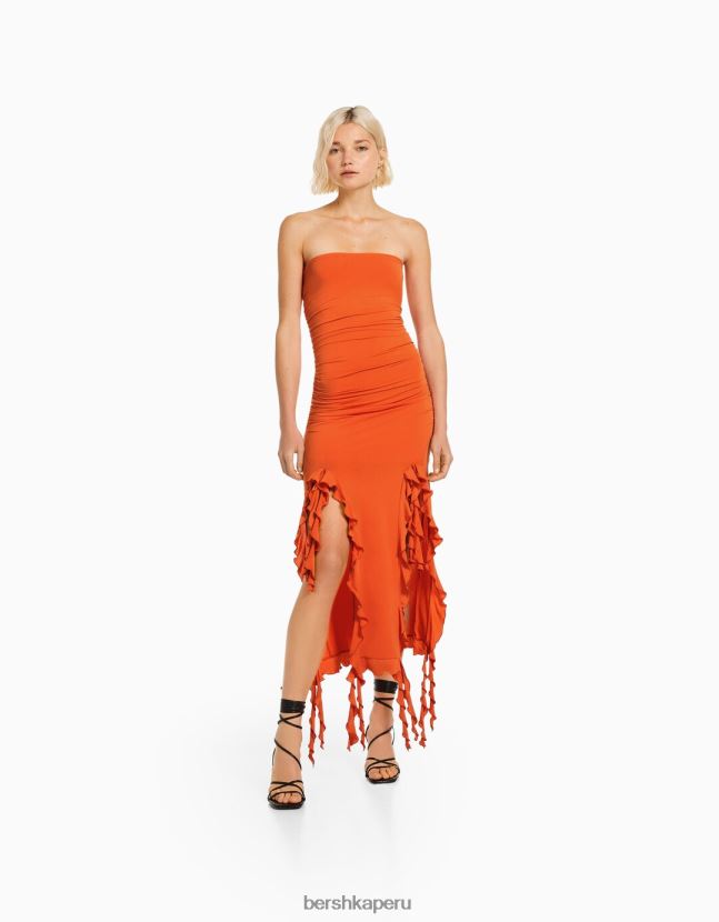 naranja Bershka mujer vestido largo con hombros descubiertos y volantes 806J6B32