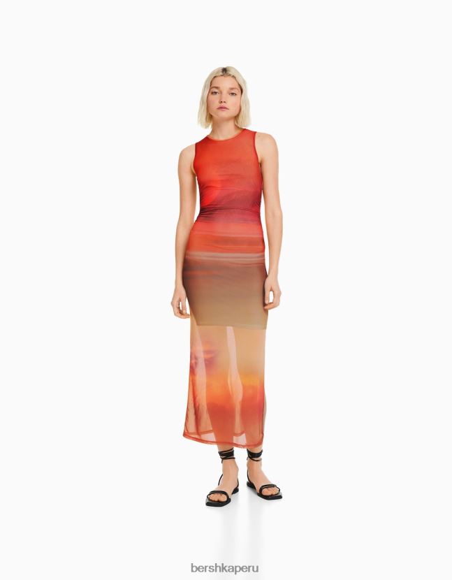 naranja Bershka mujer vestido midi de tul estampado sin mangas 806J6B86