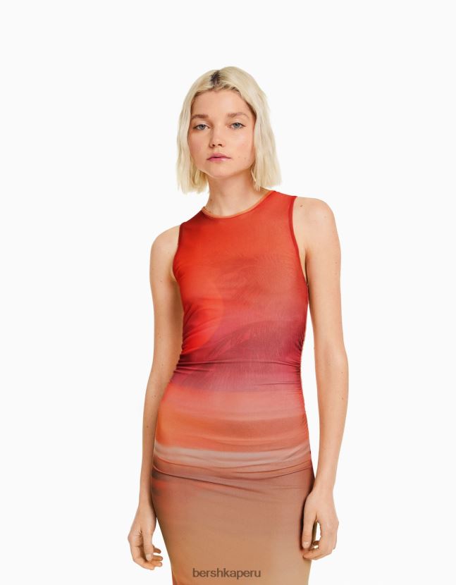 naranja Bershka mujer vestido midi de tul estampado sin mangas 806J6B86