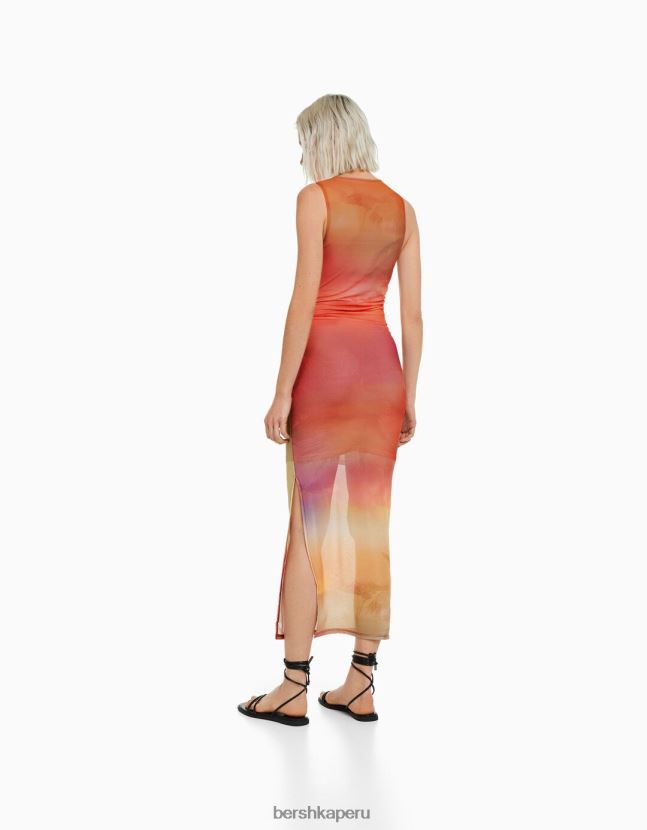 naranja Bershka mujer vestido midi de tul estampado sin mangas 806J6B86