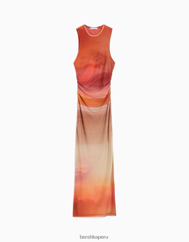 naranja Bershka mujer vestido midi de tul estampado sin mangas 806J6B86