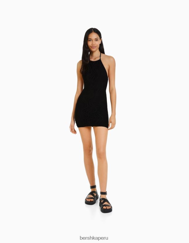 negro Bershka mujer mini vestido de crochet con cuello halter 806J6B201