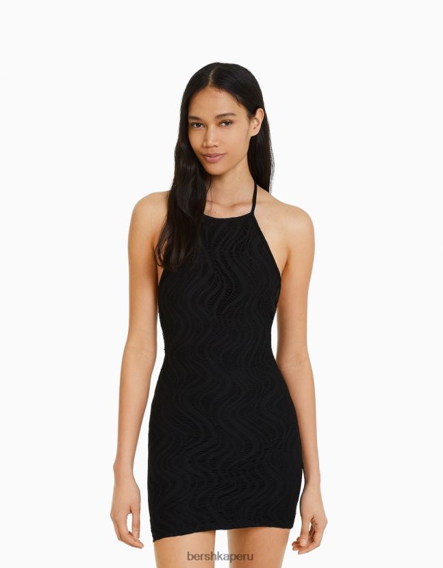 negro Bershka mujer mini vestido de crochet con cuello halter 806J6B201