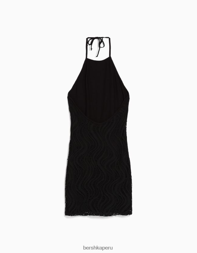 negro Bershka mujer mini vestido de crochet con cuello halter 806J6B201