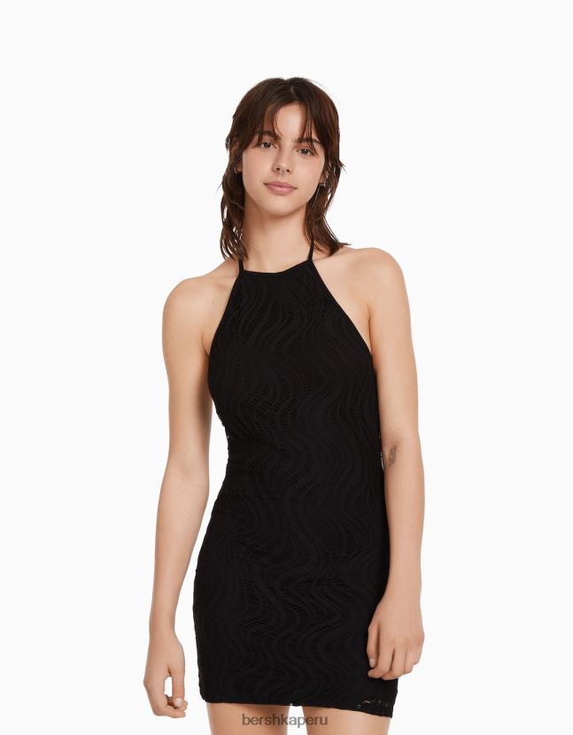 negro Bershka mujer mini vestido de crochet con cuello halter 806J6B4100