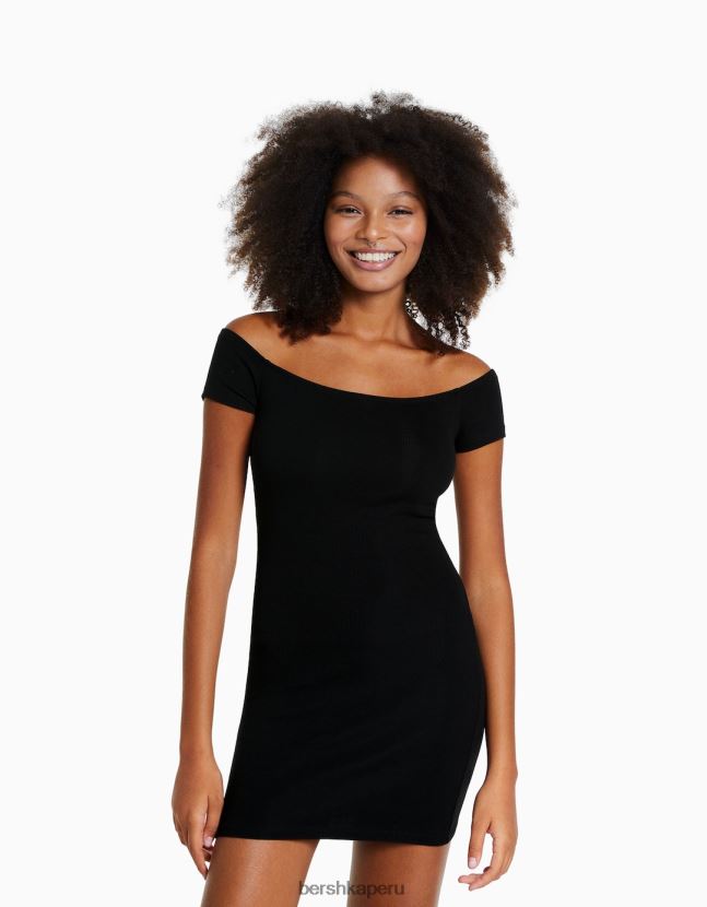 negro Bershka mujer mini vestido de manga corta con hombros descubiertos 806J6B203