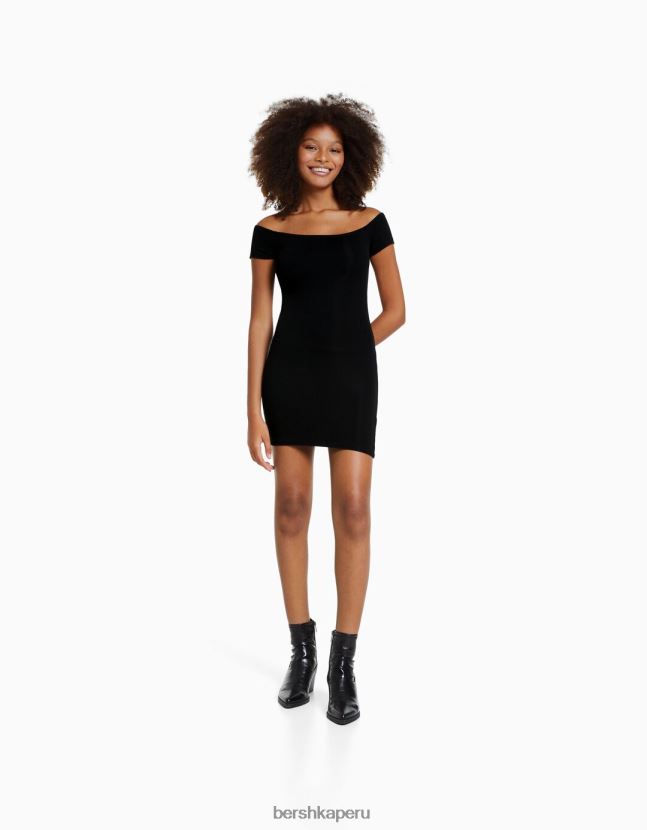 negro Bershka mujer mini vestido de manga corta con hombros descubiertos 806J6B203