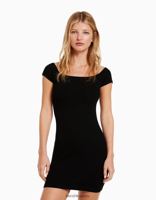 negro Bershka mujer mini vestido de manga corta con hombros descubiertos 806J6B206