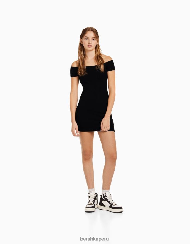 negro Bershka mujer mini vestido de manga corta con hombros descubiertos 806J6B4070