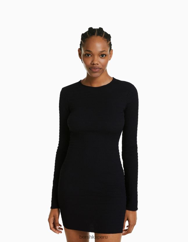 negro Bershka mujer mini vestido de manga larga con abertura en la espalda y lazo 806J6B230