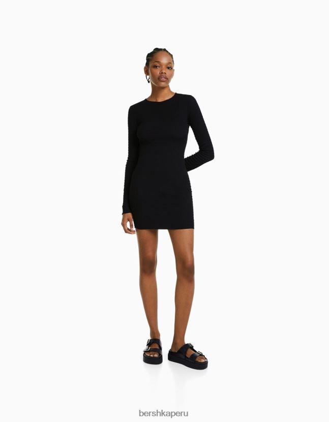 negro Bershka mujer mini vestido de manga larga con abertura en la espalda y lazo 806J6B230