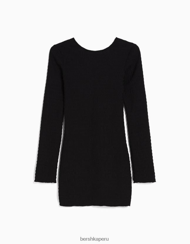 negro Bershka mujer mini vestido de manga larga con abertura en la espalda y lazo 806J6B4104