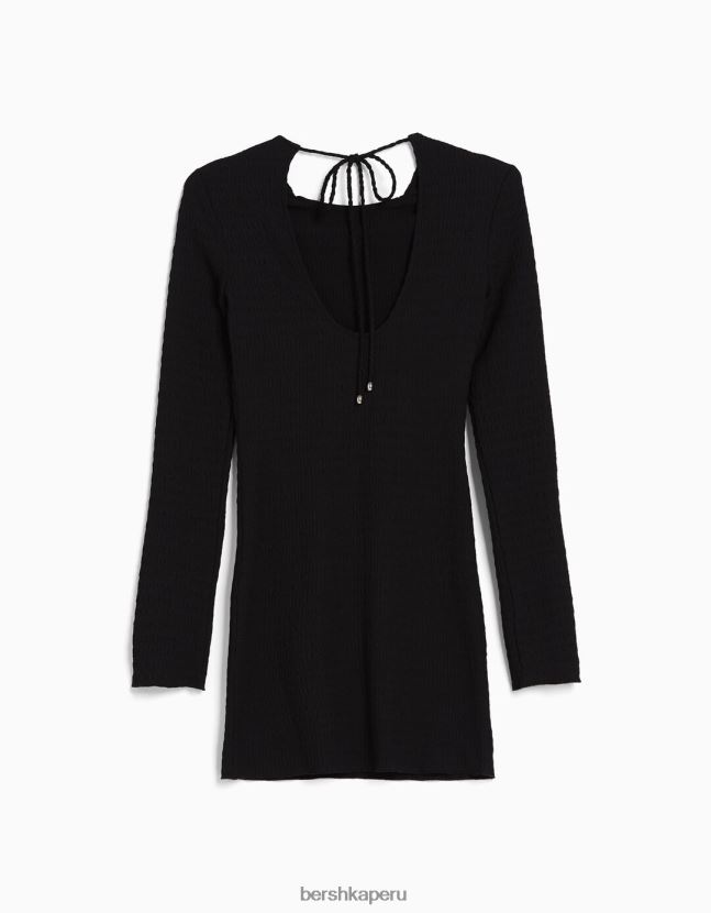 negro Bershka mujer mini vestido de manga larga con abertura en la espalda y lazo 806J6B4104