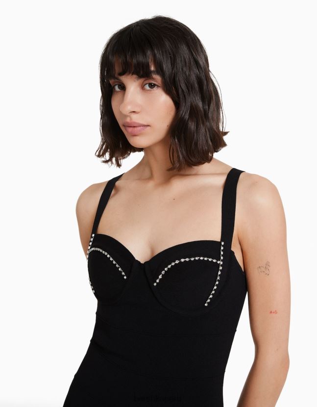 negro Bershka mujer mini vestido de punto de tirantes con pedrería 806J6B129