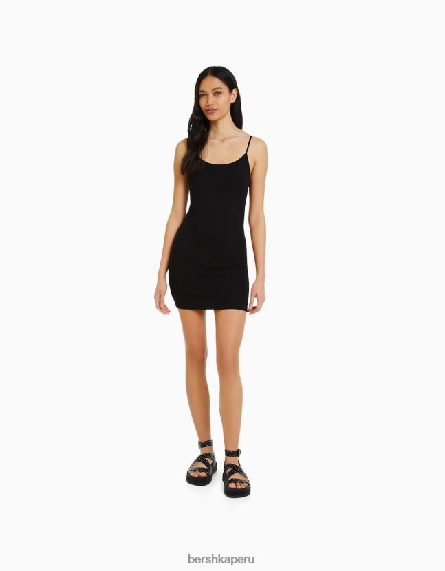 negro Bershka mujer mini vestido de tiras con lado fruncido 806J6B151
