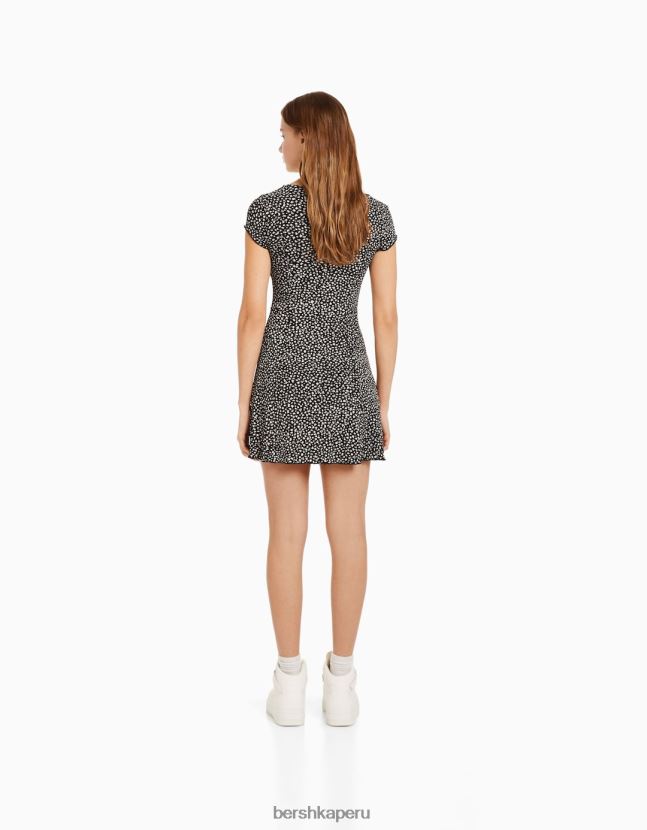 negro Bershka mujer mini vestido estampado de manga corta con escote corazón 806J6B273