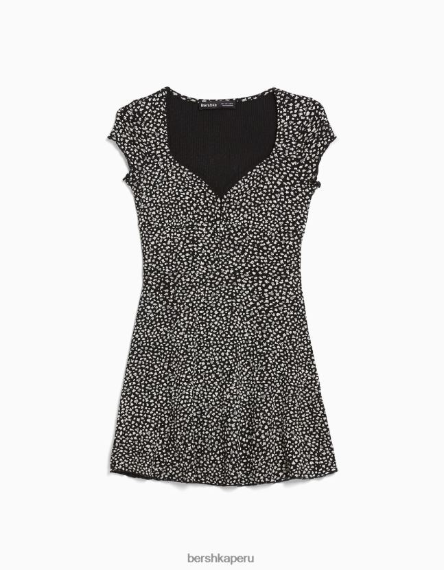 negro Bershka mujer mini vestido estampado de manga corta con escote corazón 806J6B273