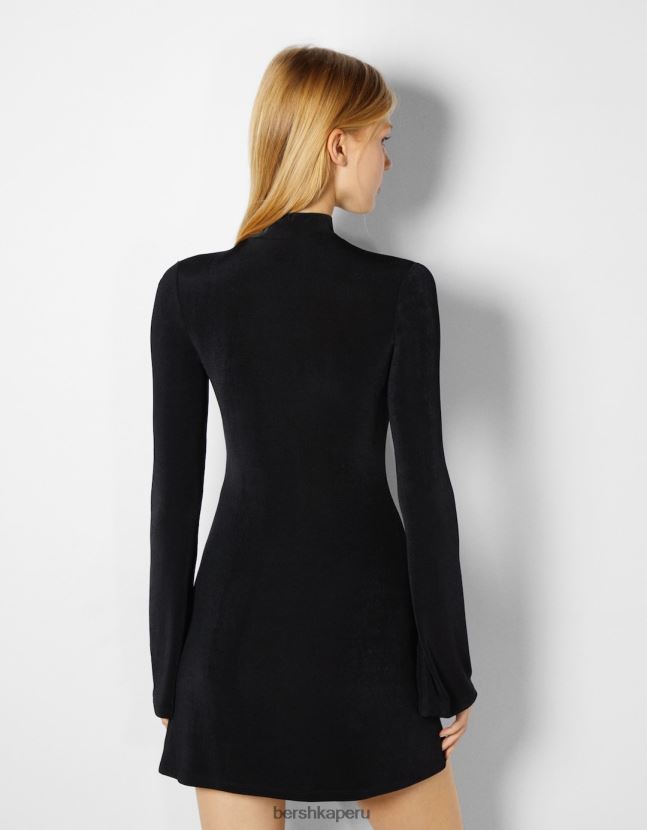 negro Bershka mujer mini vestido largo con manga acampanada y cuello alto 806J6B282