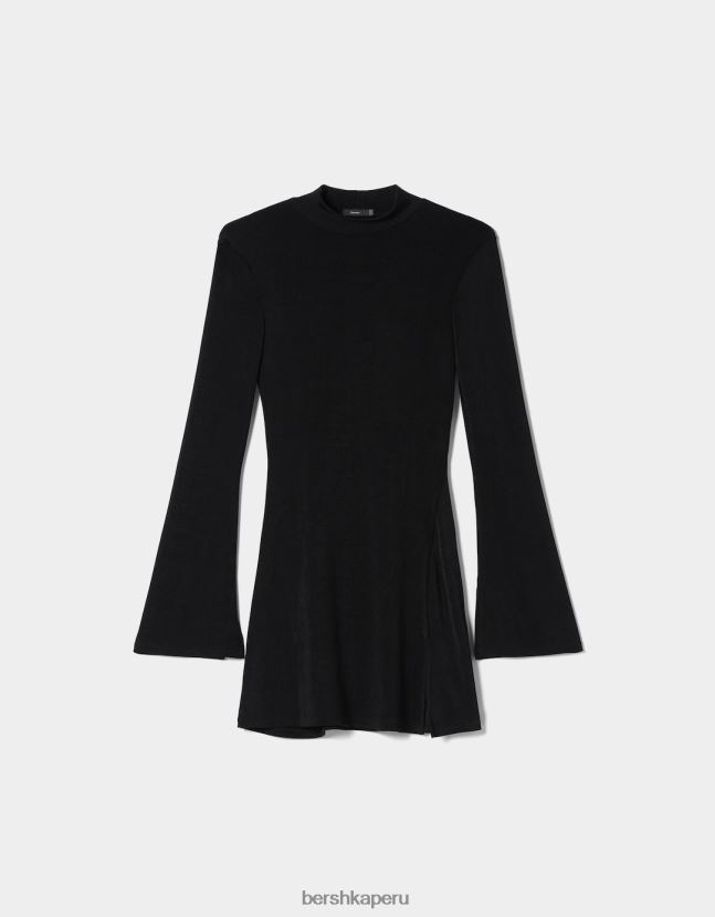 negro Bershka mujer mini vestido largo con manga acampanada y cuello alto 806J6B282