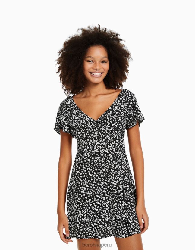 negro Bershka mujer mini vestido voluminoso de manga corta 806J6B225