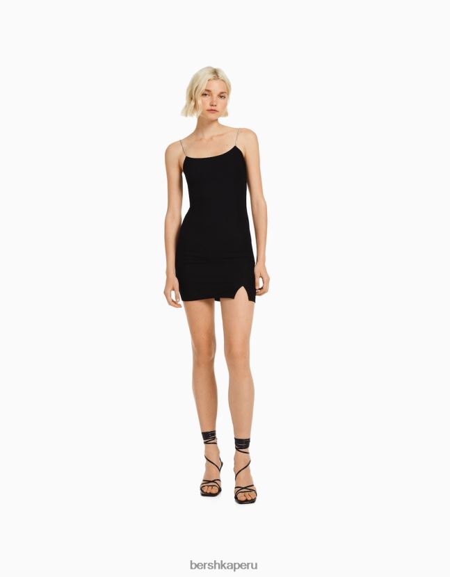 negro Bershka mujer minivestido de tiras con strass y cordones de canalé 806J6B133