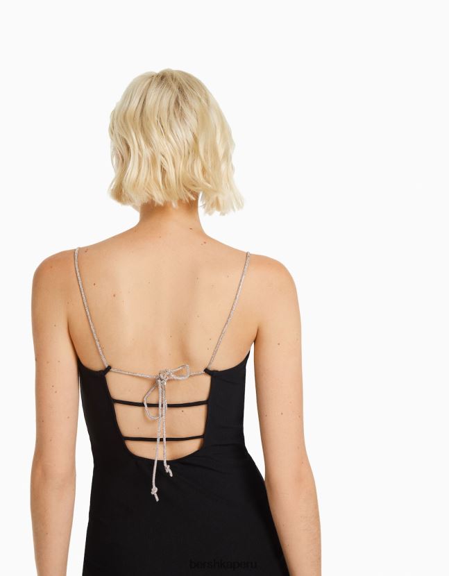 negro Bershka mujer minivestido de tiras con strass y cordones de canalé 806J6B133