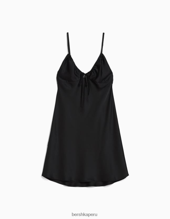 negro Bershka mujer minivestido fluido de satén con tiras y frunces 806J6B4112