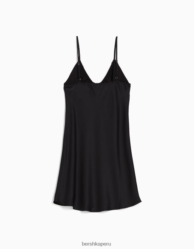 negro Bershka mujer minivestido fluido de satén con tiras y frunces 806J6B4112