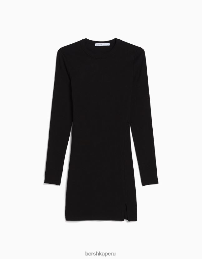 negro Bershka mujer vestido corto de canalé con manga larga 806J6B234
