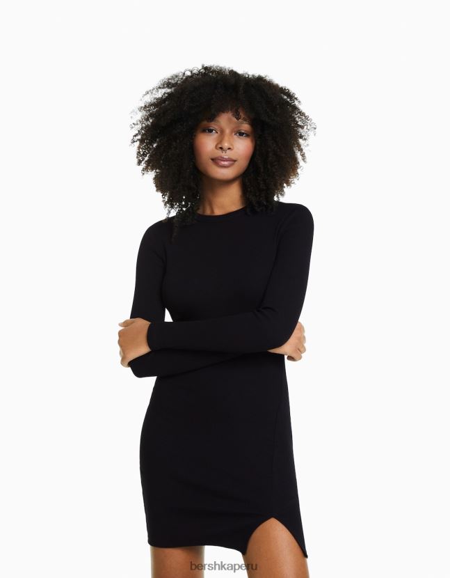 negro Bershka mujer vestido corto de canalé con manga larga 806J6B237