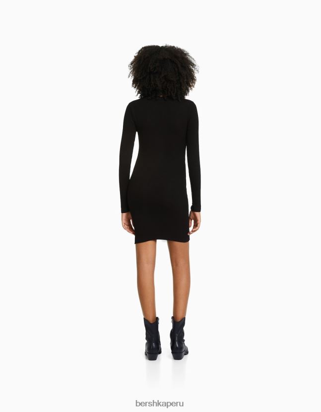 negro Bershka mujer vestido corto de canalé con manga larga 806J6B237