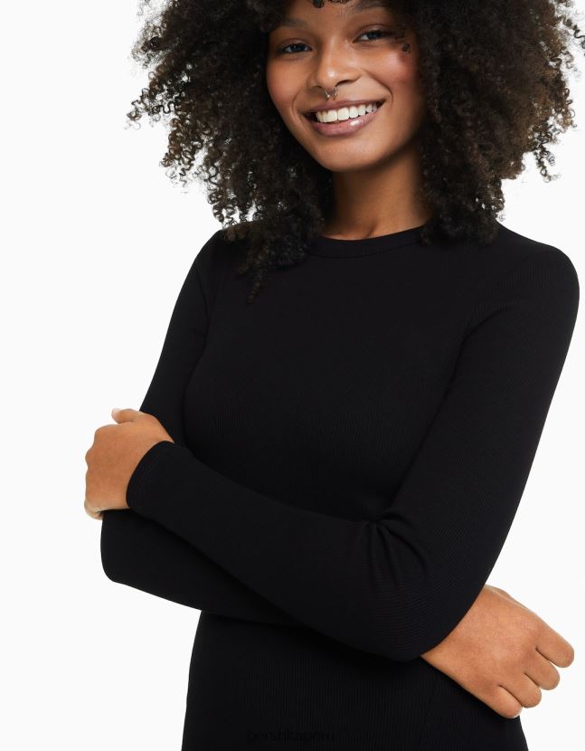 negro Bershka mujer vestido corto de canalé con manga larga 806J6B237