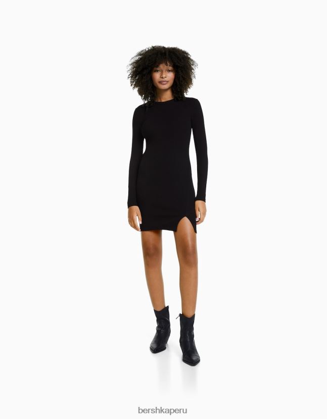 negro Bershka mujer vestido corto de canalé con manga larga 806J6B237