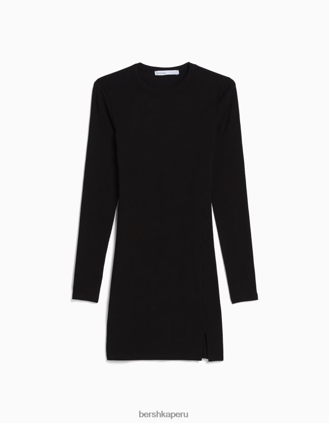 negro Bershka mujer vestido corto de canalé con manga larga 806J6B237