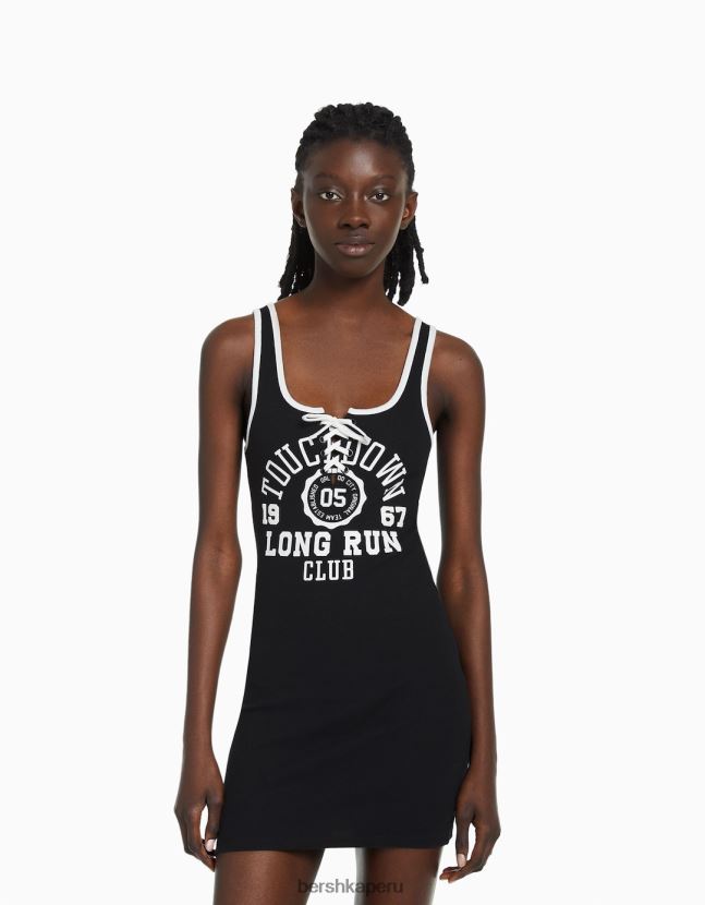 negro Bershka mujer vestido corto de canalé con tiras estampadas 806J6B278