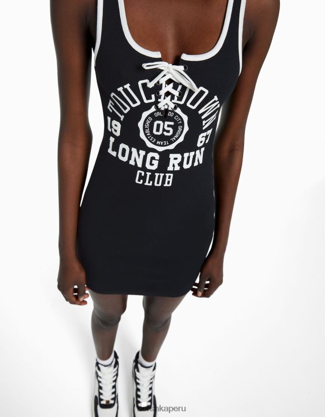 negro Bershka mujer vestido corto de canalé con tiras estampadas 806J6B278