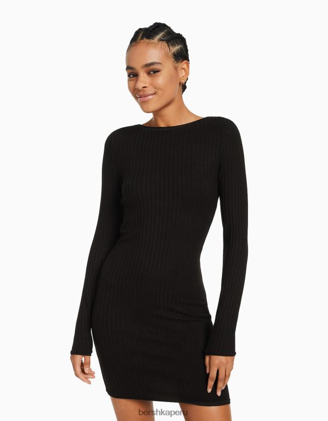 negro Bershka mujer vestido corto de canalé de manga larga 806J6B284