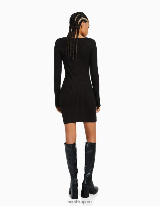 negro Bershka mujer vestido corto de canalé de manga larga 806J6B284